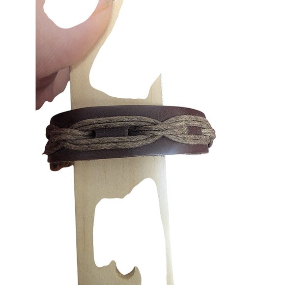 Handmade Brown & Green Braided Leather & Adjustable Bracelet With Tag - Picture 2 of 3